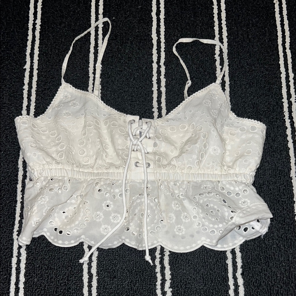 Aerie Cream Eyelet Lace Up Front Cropped Tank